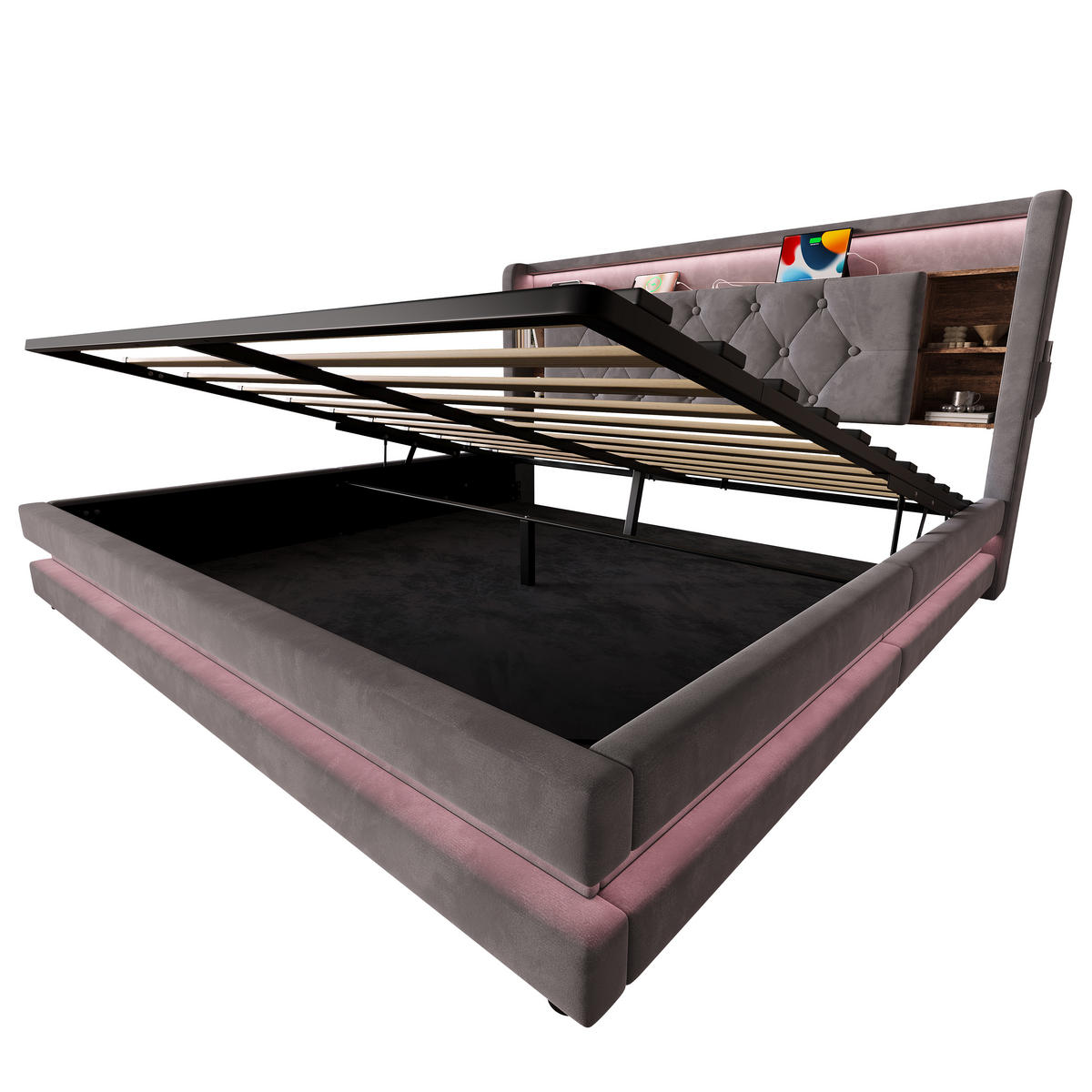 BOXBETT 160/200 mit LED/USB, Kopfteil-Regal & Hydraulik, Samt, Dunkelgrau - Dunkelgrau, Holz (160/200cm) - LVHOM