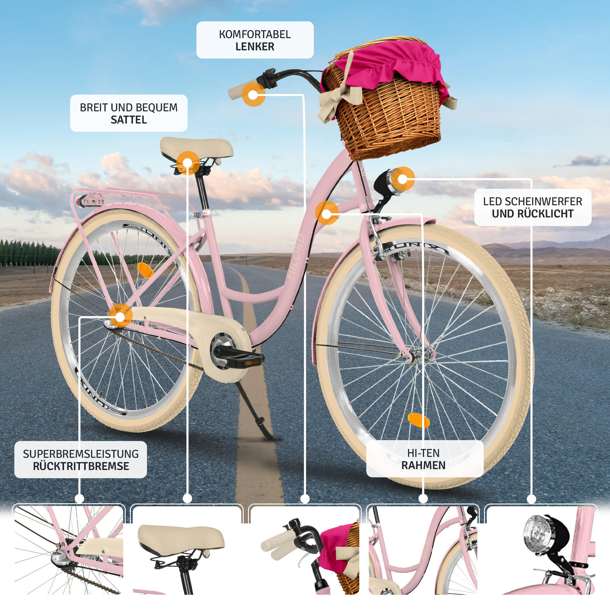 CITY-FAHRRAD Milord mit Weidenkorb, 28 Zoll, Rosa-Creme, 3-Gang - Pink/Creme, Metall (46cm) - Milordbikes