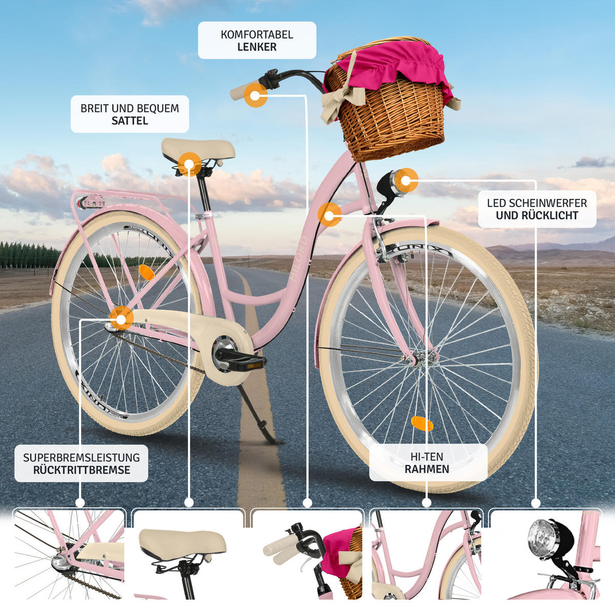 CITY-FAHRRAD Milord mit Weidenkorb, 28 Zoll, Rosa-Creme, 3-Gang - Pink/Creme, Metall (46cm) - Milordbikes
