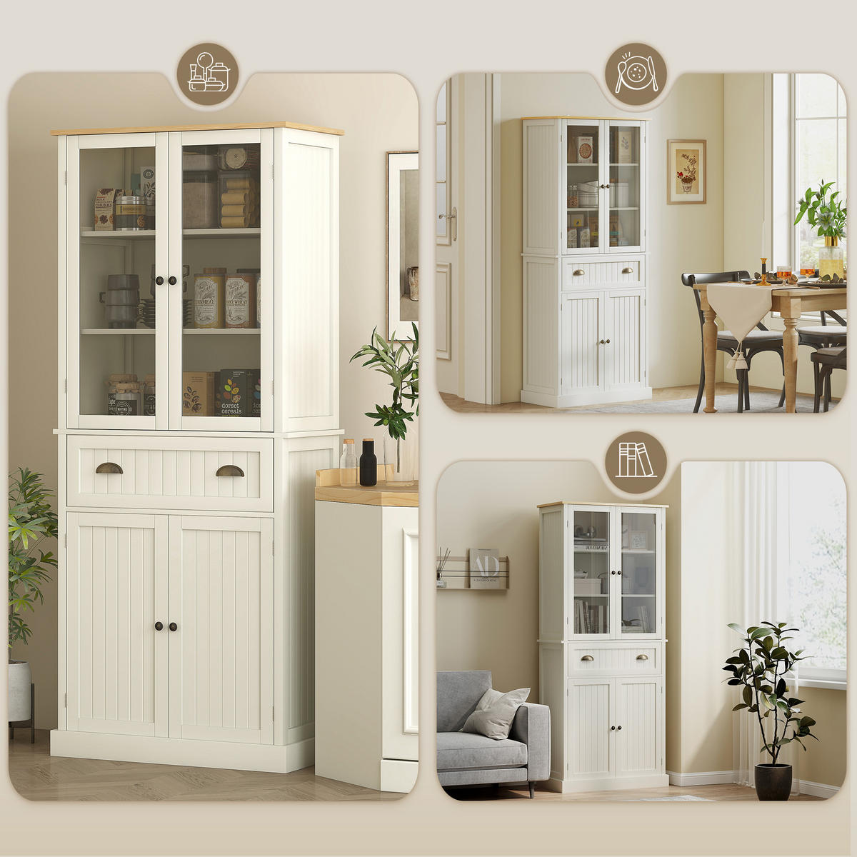 HIGHBOARD DE-11020 4 Türen (2 mit Glas) Beige - Weiß, Holzwerkstoff (40/182.5/76cm) - ComfortXL