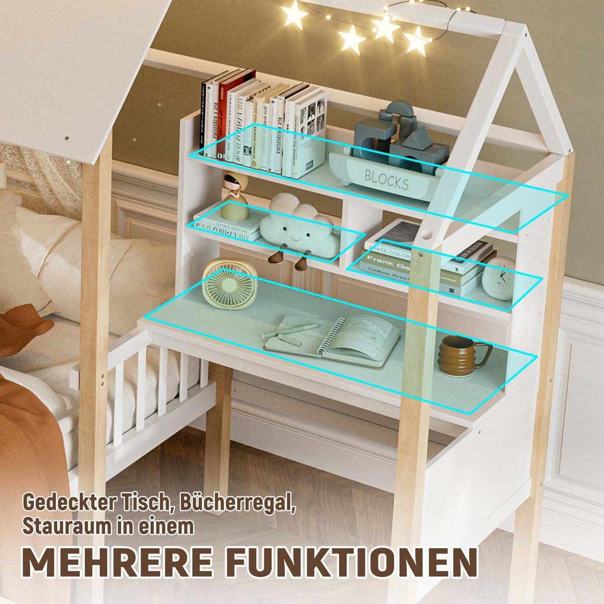 HAUSBETT 90x200cm,Kinderbett,Fachbett mit Schreibtisch,Schubladen,Weiß - Weiß, Holz - LVHOM