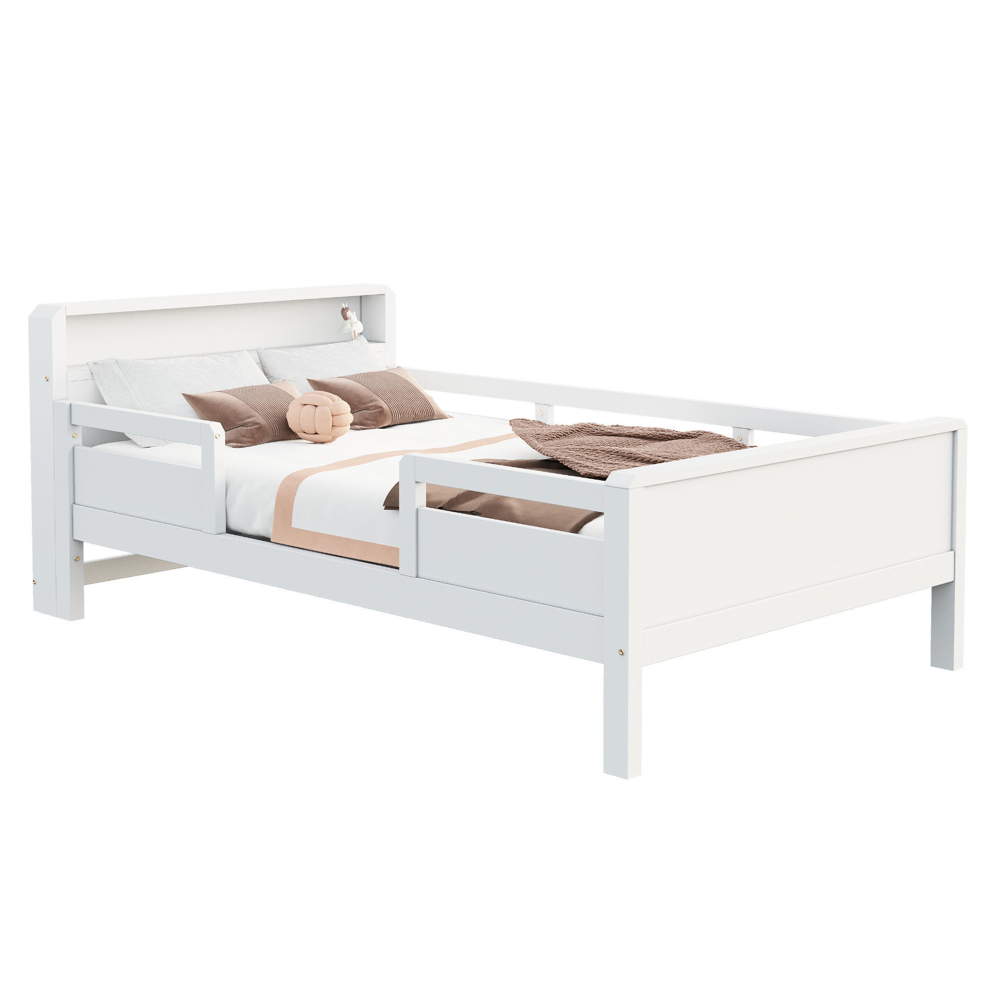 KINDERBETT 90/200 cm weiß aus Kiefernholz mit Ablage, LED und USB-/Type-C-Anschluss - Weiß, Holzwerkstoff (90/200cm) - OKWISH