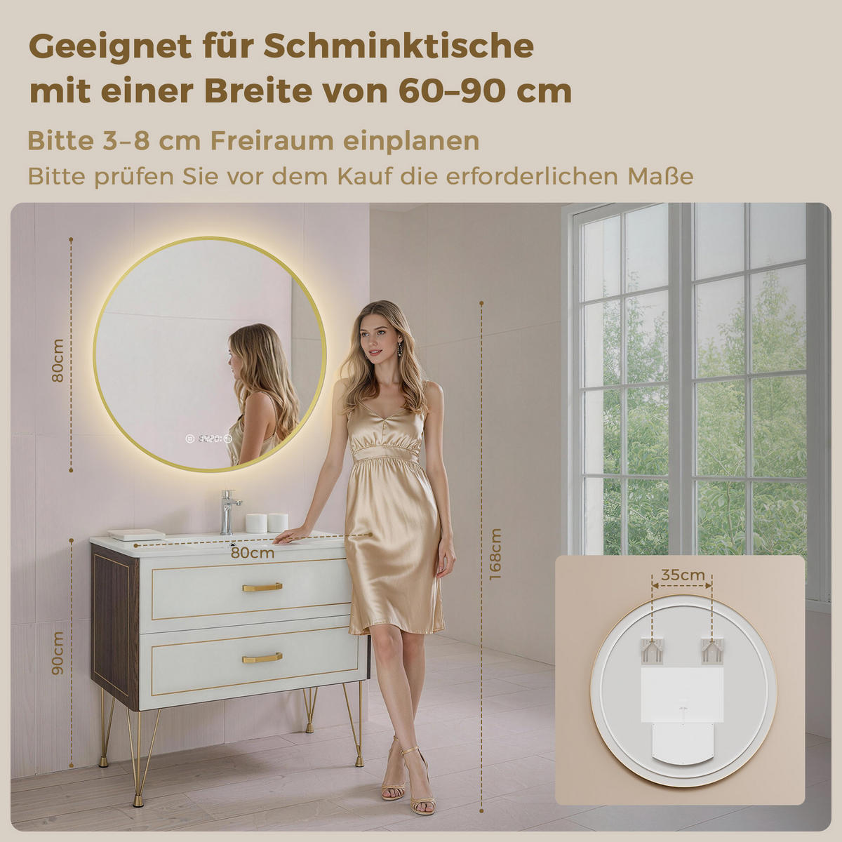 BADSPIEGEL MIT BELEUCHTUNG 80 cm Rund gold mit Aluminiumrahmen und Antibeschlag - Goldfarben, Glas (80/80/3.3cm) - S'AFIELINA