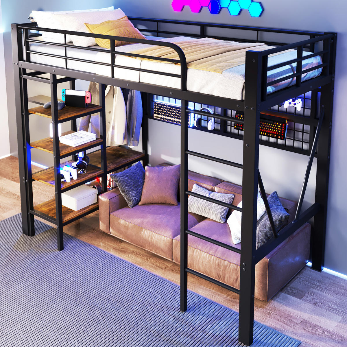HOCHBETT 90/200 cm aus Metall mit LED-Beleuchtung, Ablagefach und Kleiderstange - Schwarz, Metall (90/200cm) - Flora Grace