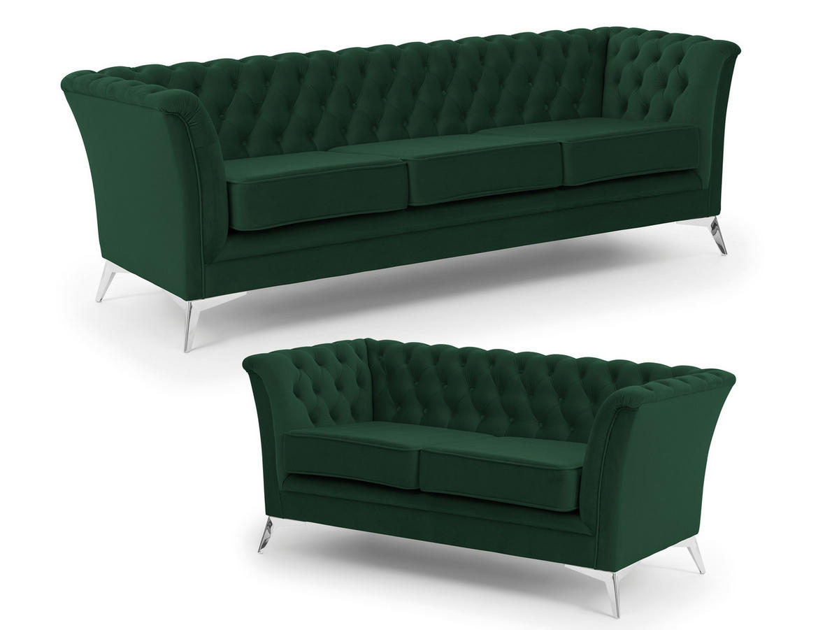 SITZGARNITUR 3+2 Chesterfield Whitby Flasche Grün Samt mit silbernen Füßen - Dunkelgrün/Silberfarben, Holz/Textil (237/78/82cm) - S-Style Möbel