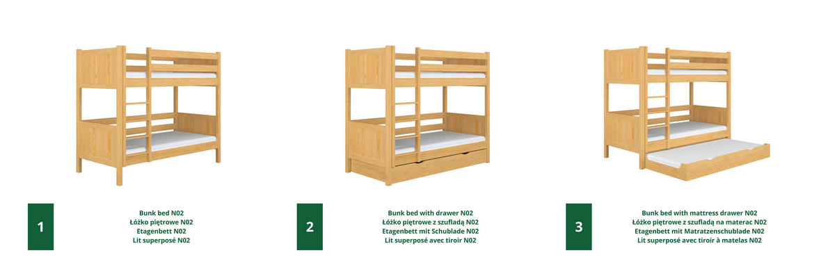 ETAGENBETT N02 mit Matratzenschublade Naturkiefer 90/190 - Hellbraun/Braun, Naturmaterialien/Holz (90/190cm) - N-Wood
