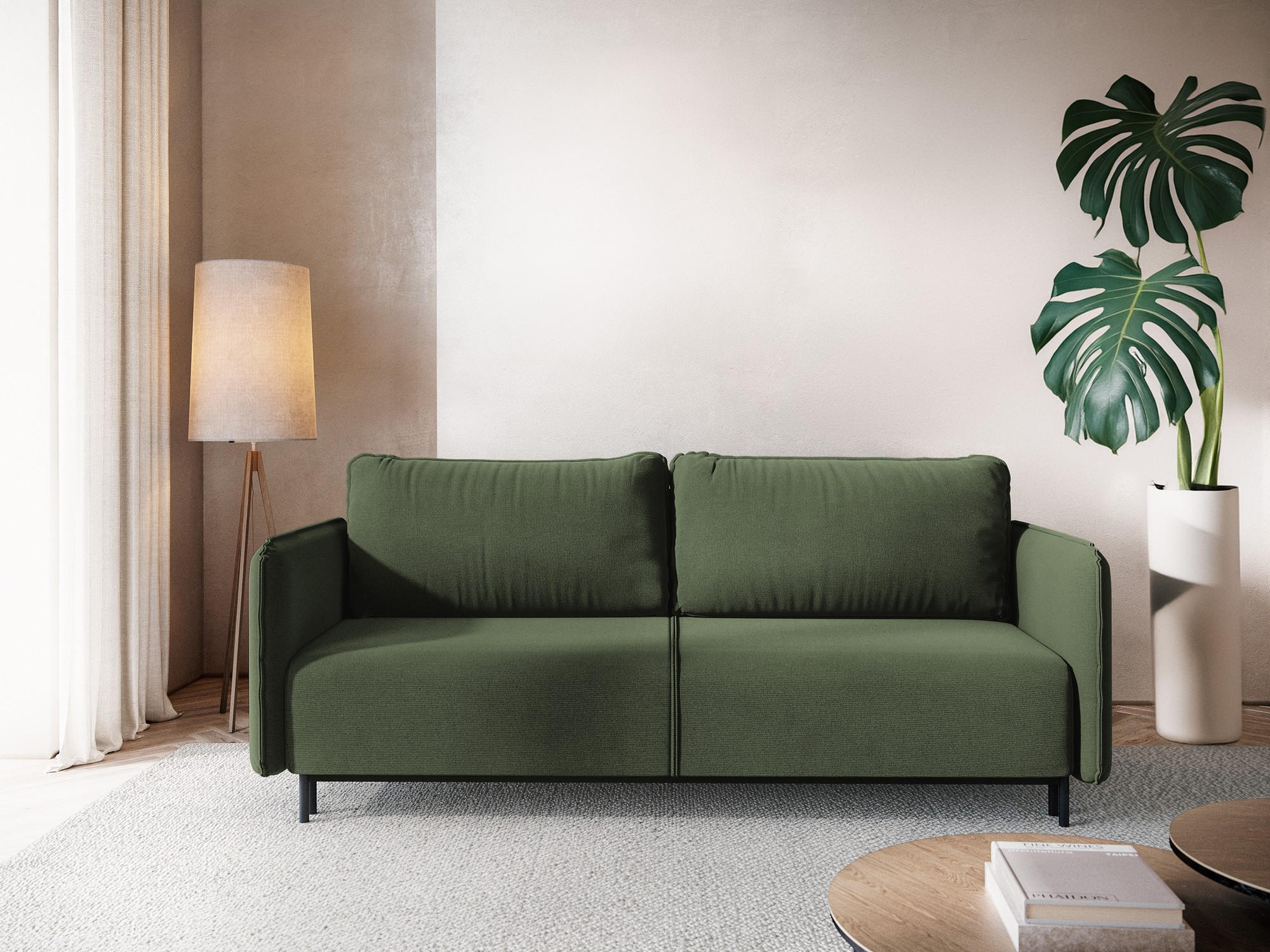 3-SITZER SOFA mit Schlaffunktion Strukturstoff Stoff Grün - Schwarz/Olivgrün, Holz/Textil (226/90/92cm) - Makamii