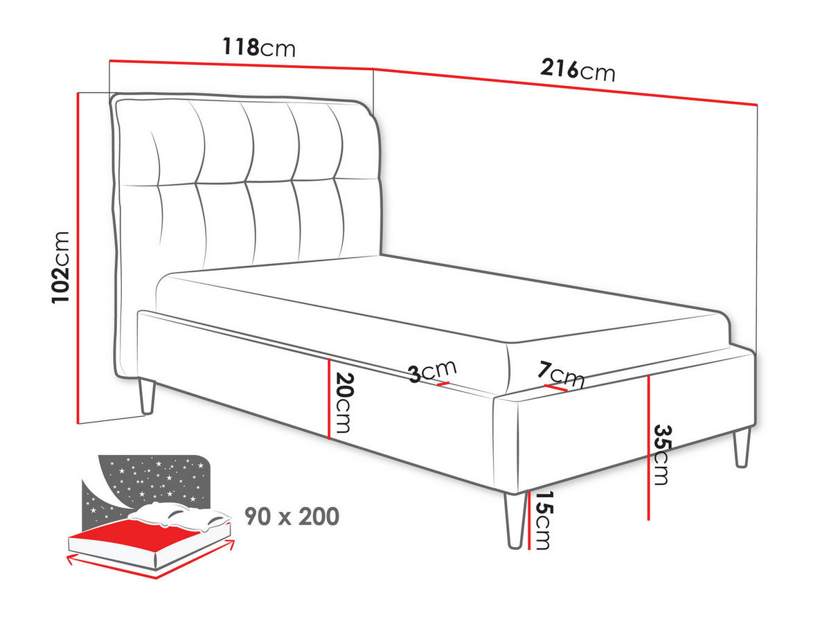 POLSTRBETT Abril 914Y - Schwarz/Grau, Holzwerkstoff/Kunststoff (90/200cm) - MIRJAN24