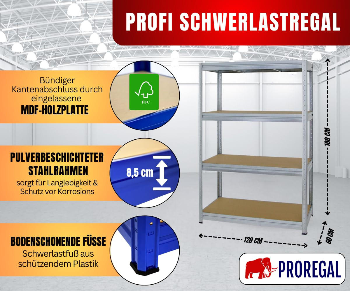 SCHWERLASTREGAL Dino 180x120x60 cm Fachlast 600 kg Verzinkt - Silberfarben, Metall (120/180/60cm) - PROREGAL