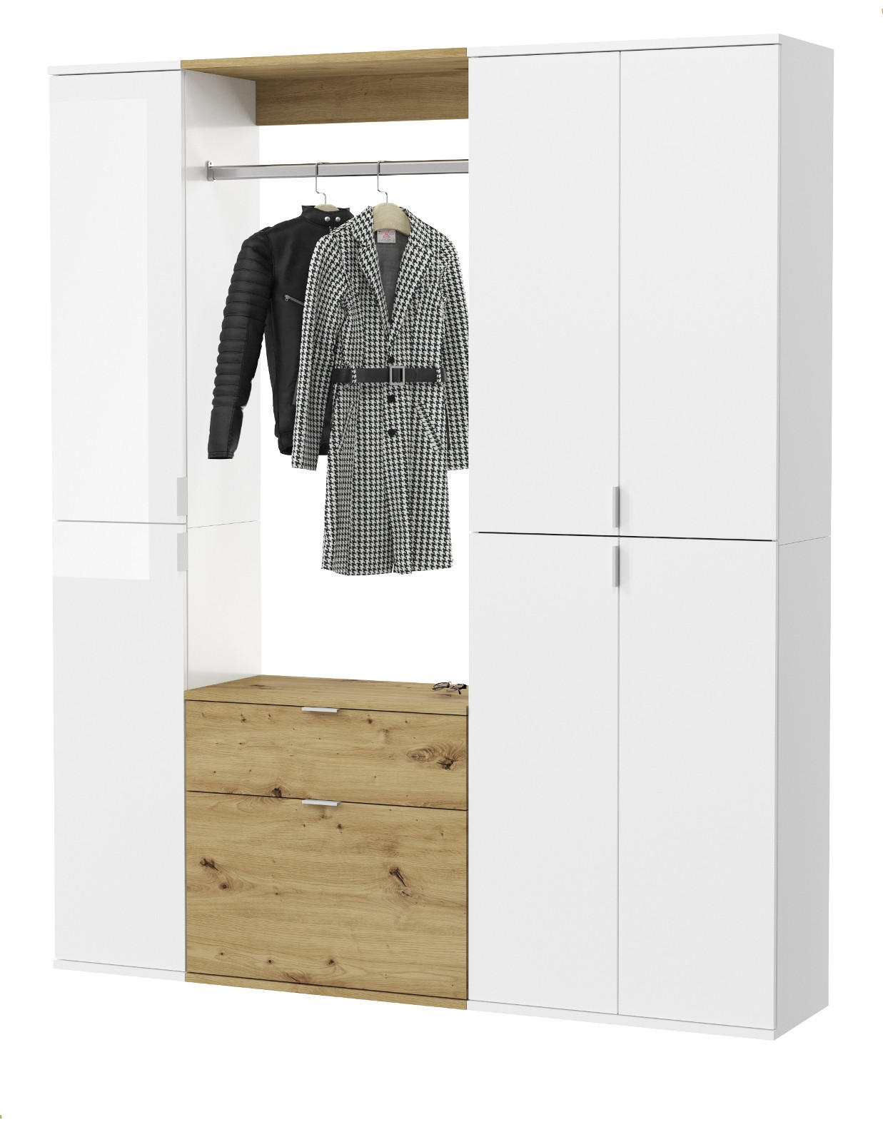 GARDEROBENSCHRANK weiß Hochglanz, Eiche 152 cm, Komplettset mit viel Stauraum - Weiß Hochglanz/Eiche Artisan, Holzwerkstoff/Metall (152/193/34cm) - Inn.Furn