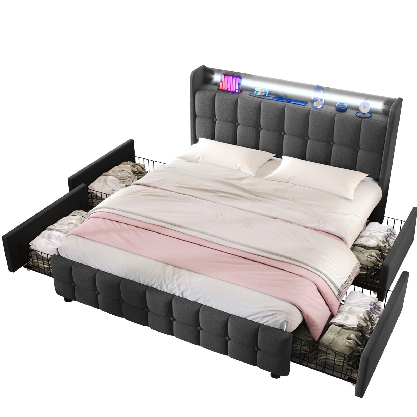 POLSTERBETT 160x200 cm, Grau, USB-Ladefunktion, LED-Beleuchtung - Grau, Textil/Metall (160/200cm)