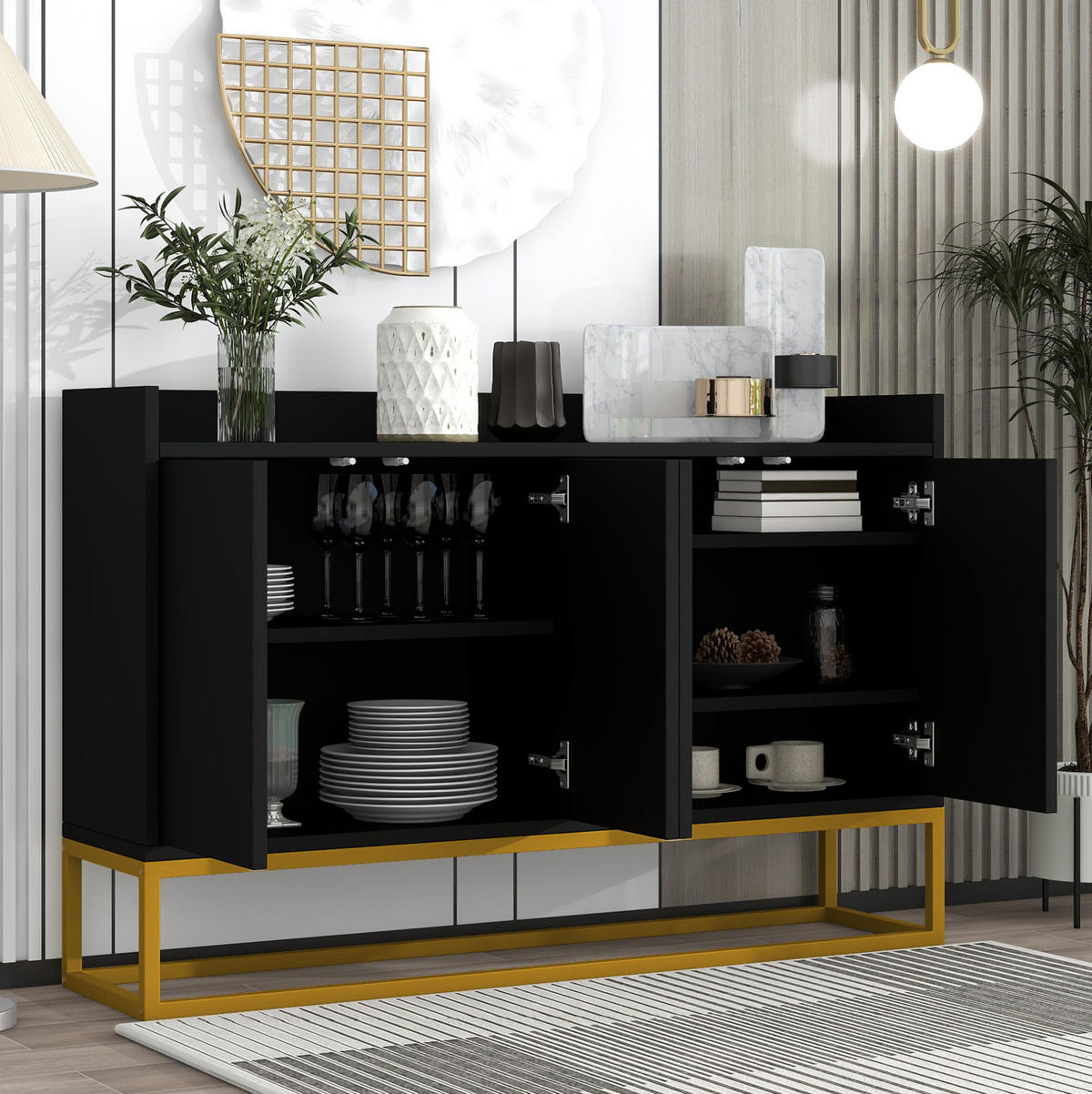 SIDEBOARD 4-türig 120 x 30 x 80 cm Schwarz mit verstellbaren Einlegeböden - Schwarz, Holzwerkstoff (120/80/30cm) - Meubliv