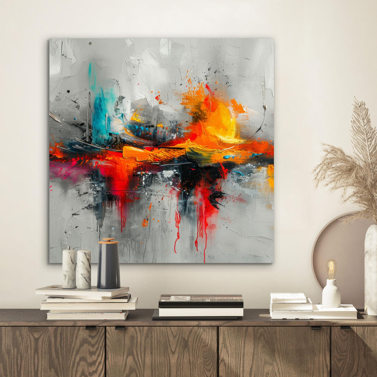 METALLBILD Moderne Kunst - Orange - Grau - Abstrakt 50x50 cm - Hellgrau, Metall (50/50cm) - MuchoWow