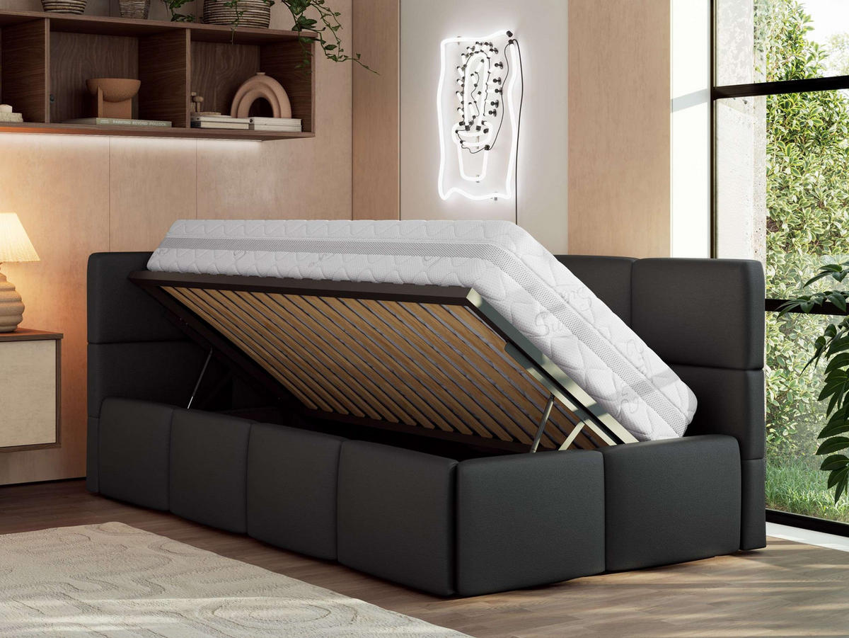 JUGENDBETT ARVO 90/200 - Schwarz Kunstleder - Multipocket-Matratze - Links Seite - Schwarz, Textil (90/200cm) - MKS