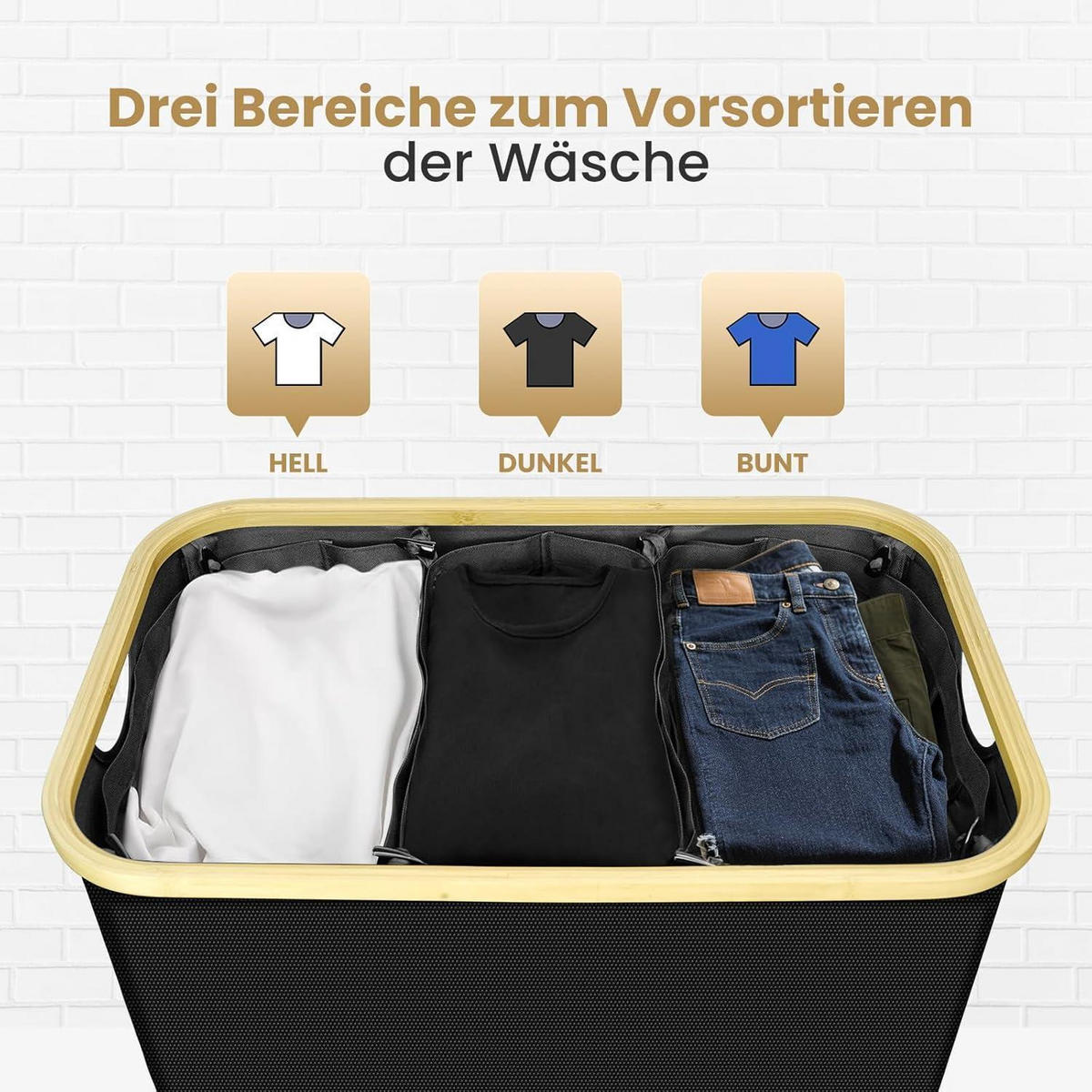 WÄSCHEKORB mit 3 Fächern und Deckel Schwarz 160L - Schwarz, Textil (68/60/39cm)