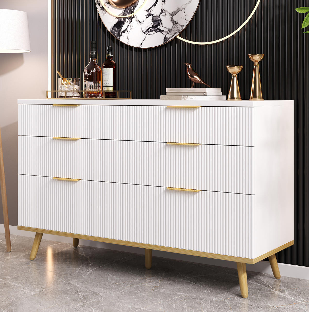 KOMMODE aus Spanplatte 120x40x76,5 cm Weiß mit 6 Schubladen und Holzoptik-Füßen - Weiß, Holzwerkstoff (120/76.5/40cm) - Modfu