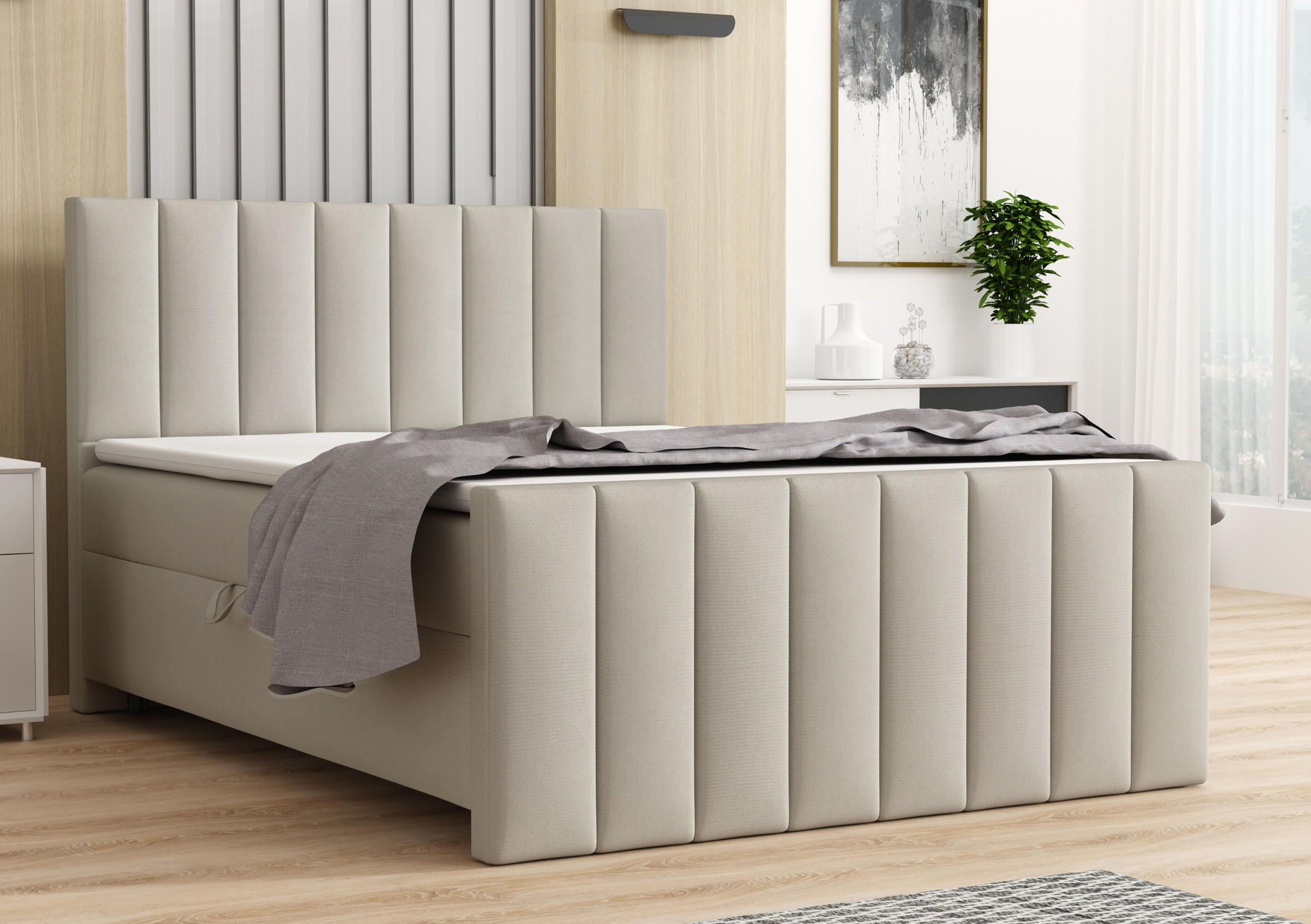 BOXBETT FEN 180/200 Velours Beige mit Bonell-Federkernmatratzen H3 - Beige, Holz/Holzwerkstoff (180/200cm) - Deine Möbel 24