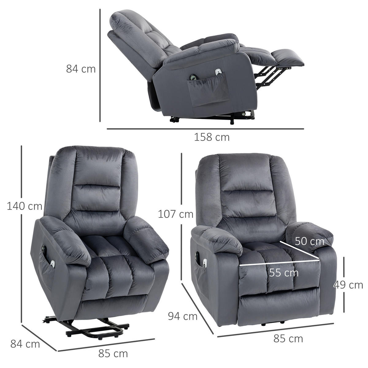 FERNSEHSESSEL mit Aufstehhilfe Elektrisch, Relaxsessel mit Liege-, Heizfunktion - Schwarz/Grau, Textil/Metall (94/107/85cm) - HOMCOM