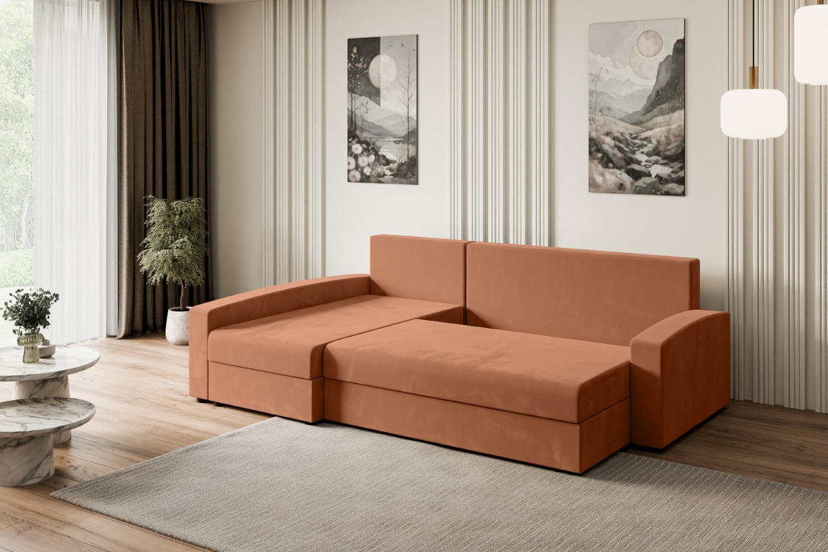 ECKSOFA mit Schlaffunktion und Bettkasten ALESIA-L 231x140x90 cm Koralle Velours - Koralle/Silberfarben, Holzwerkstoff/Kunststoff (231/140cm) - ALTDECOR