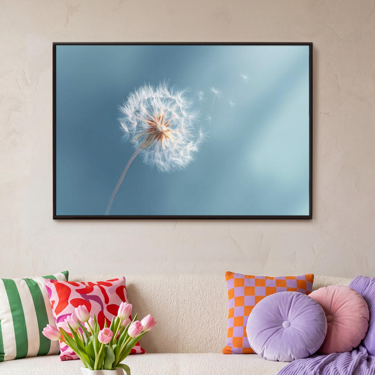 LEINWAND Bilder mit Rahmen - Löwenzahn - Wind - Blau - 90x60 - Blaugrau, Textil (90/60cm) - MuchoWow