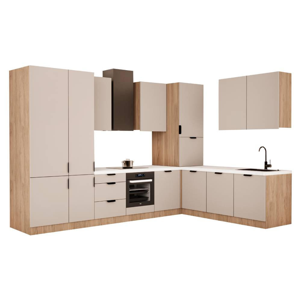 WINKELKÜCHE 340cm x 240cm - Sorento KS4-M340 - in Beige / Sonoma Eiche - Beige/Schwarz, Holz (580/247/58cm)