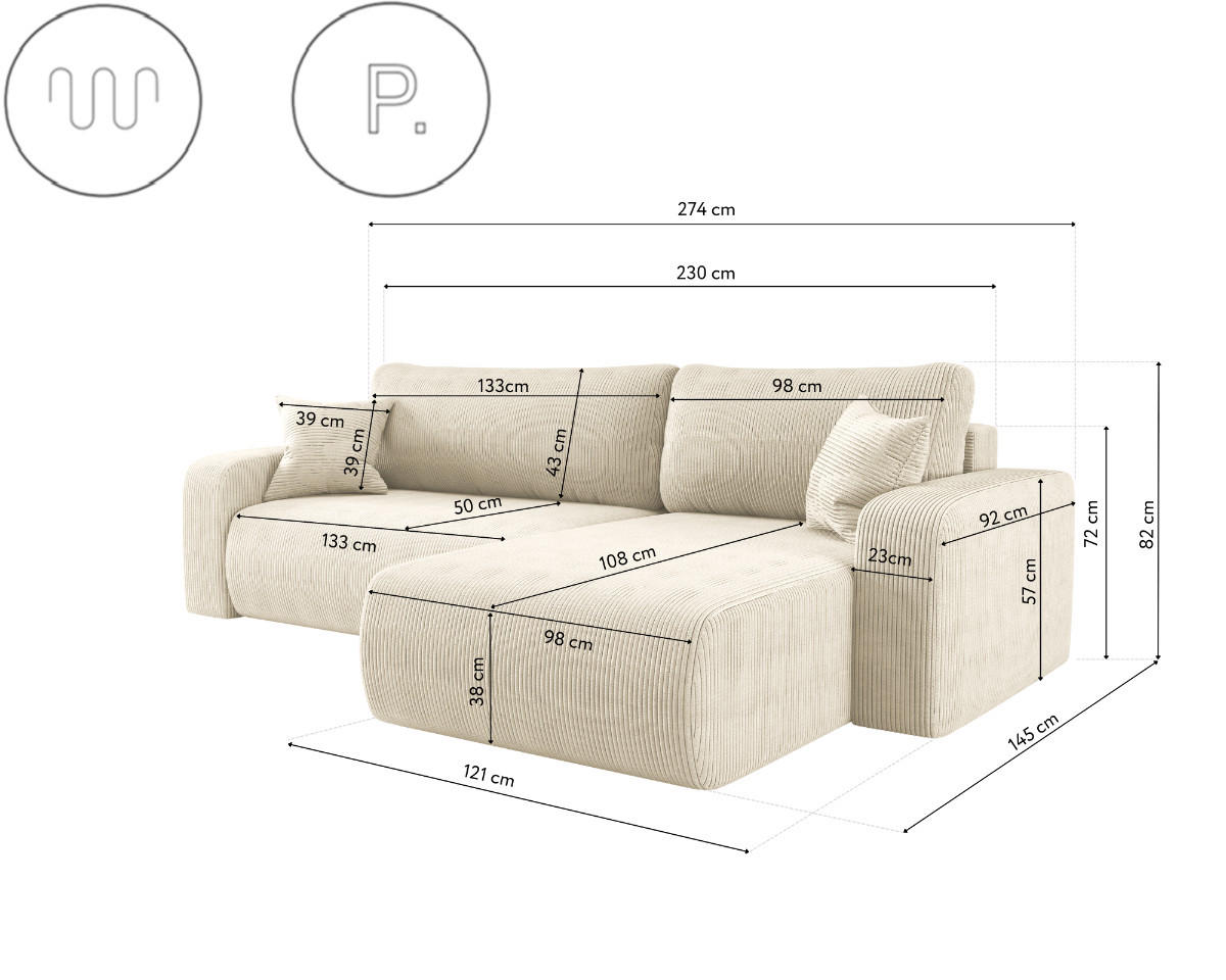 SCHLAFSOFA MILANO XL und bettkasten stoff Poso Dicker Cord Ecru Rechts - Ecru, Holz (274/82/145cm) - Kaiser Möbel