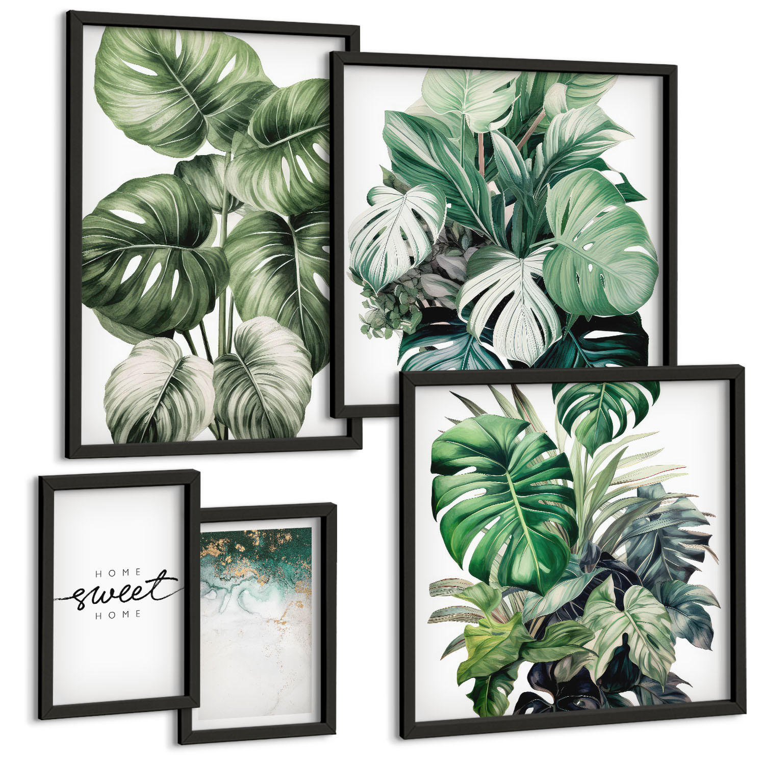 BILDER SET 5er Set - 50x50 cm & 20x30 cm & 40x60 cm Schwarzer Rahmen - Sweet Home Green Plants - Schwarz, Kunststoff (40/60cm) - TULUP
