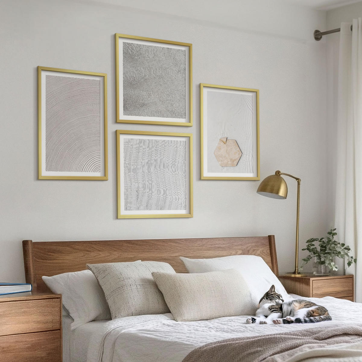 WANDBILDER 4er Set - 50x50 cm & 40x60 cm Goldrahmen - Leichte Boho-Sandtexturen - Goldfarben, Kunststoff (50/50cm) - ArtPrintCave