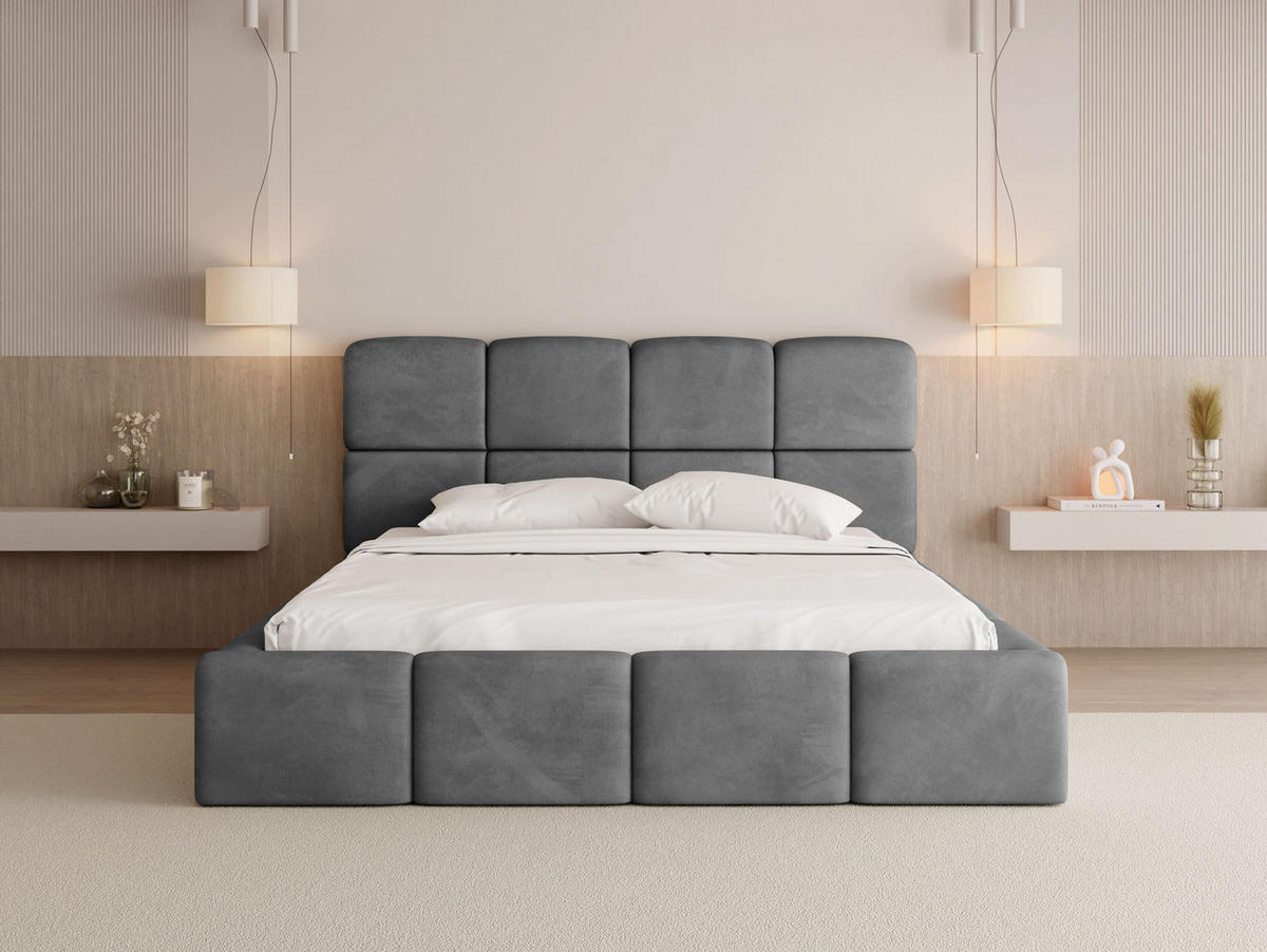 POLSTERBETT Tivio mit Bettkasten, Grau Samt 140x200 cm - Birkefarben/Schwarz, Holz/Holzwerkstoff (140/200cm) - WFL GROUP