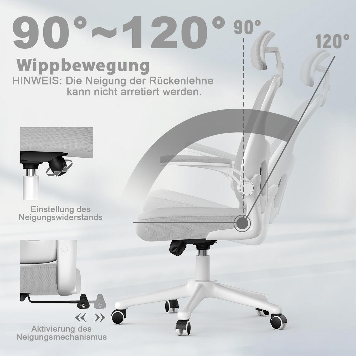 BÜROSTUHL ergonomisch, höhenverstellbar, klappbare Armlehnen, Kopfstütze – Grau - Grau, Metall (50.5/134/52cm) - Rattantree
