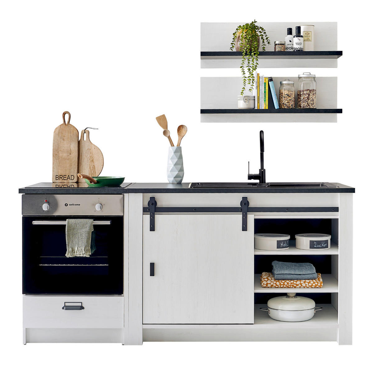 KÜCHEN-SET weiß Pinie, anthrazit 4-teilig 196 cm, Küchenschrank Set im Landhaus-Stil - Anthrazit/Schwarz, Holzwerkstoff/Metall (196/180/64cm) - Furn.Design