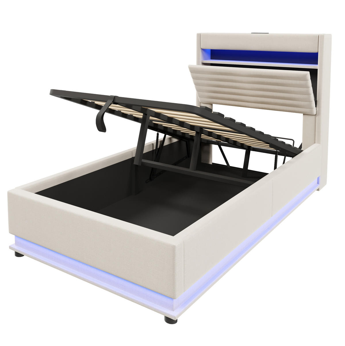 POLSTERBETT 90/200 cm aus Leinen mit LED und USB Typ-C-Ladefunktion Beige - Beige, Textil (90/200cm) - Modenvie