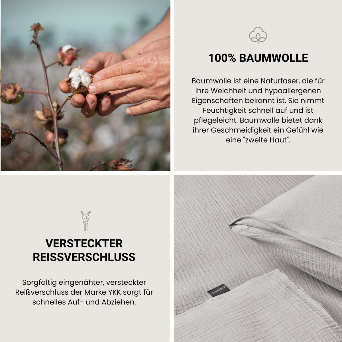 BETTWÄSCHESET Molly - Musselin - 2-teilig - 135 x 200 cm - Hellgrau - Hellgrau, Textil (135/200cm) - SCHIESSER