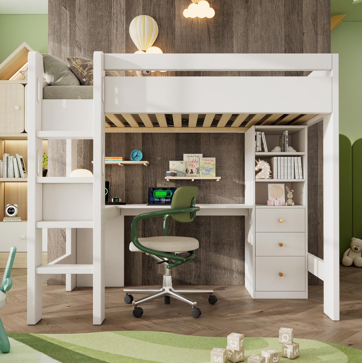 KINDEREINZELBETTEN aus Holz 90x200 cm in Weiß mit Schreibtisch & USB/Type-C-Ladefunktion - Weiß, Holz (90/200cm) - Modfu