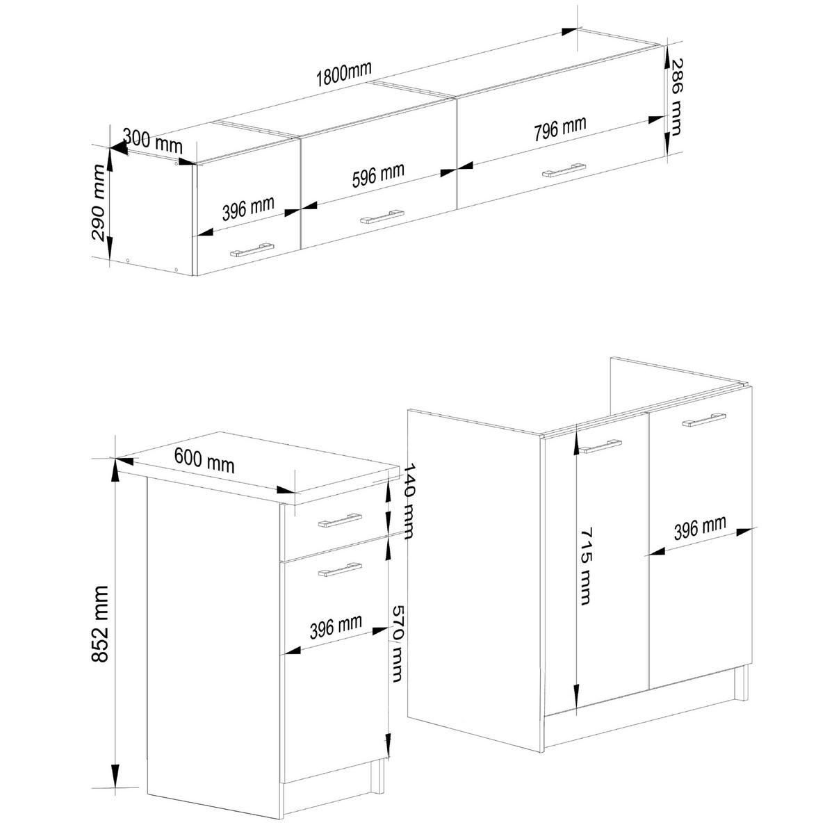 KÜCHENMÖBEL-SET Weiß 180x174x46 cm - Schwarz/Weiß, Holzwerkstoff/Kunststoff (180/174/46cm) - Akord