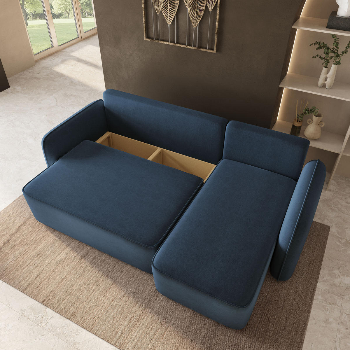 ECKSOFA DOLVER CL Blau Samtstoff mit Schlaffunktion - Blau, Holzwerkstoff/Textil (238/156cm) - MASSENO