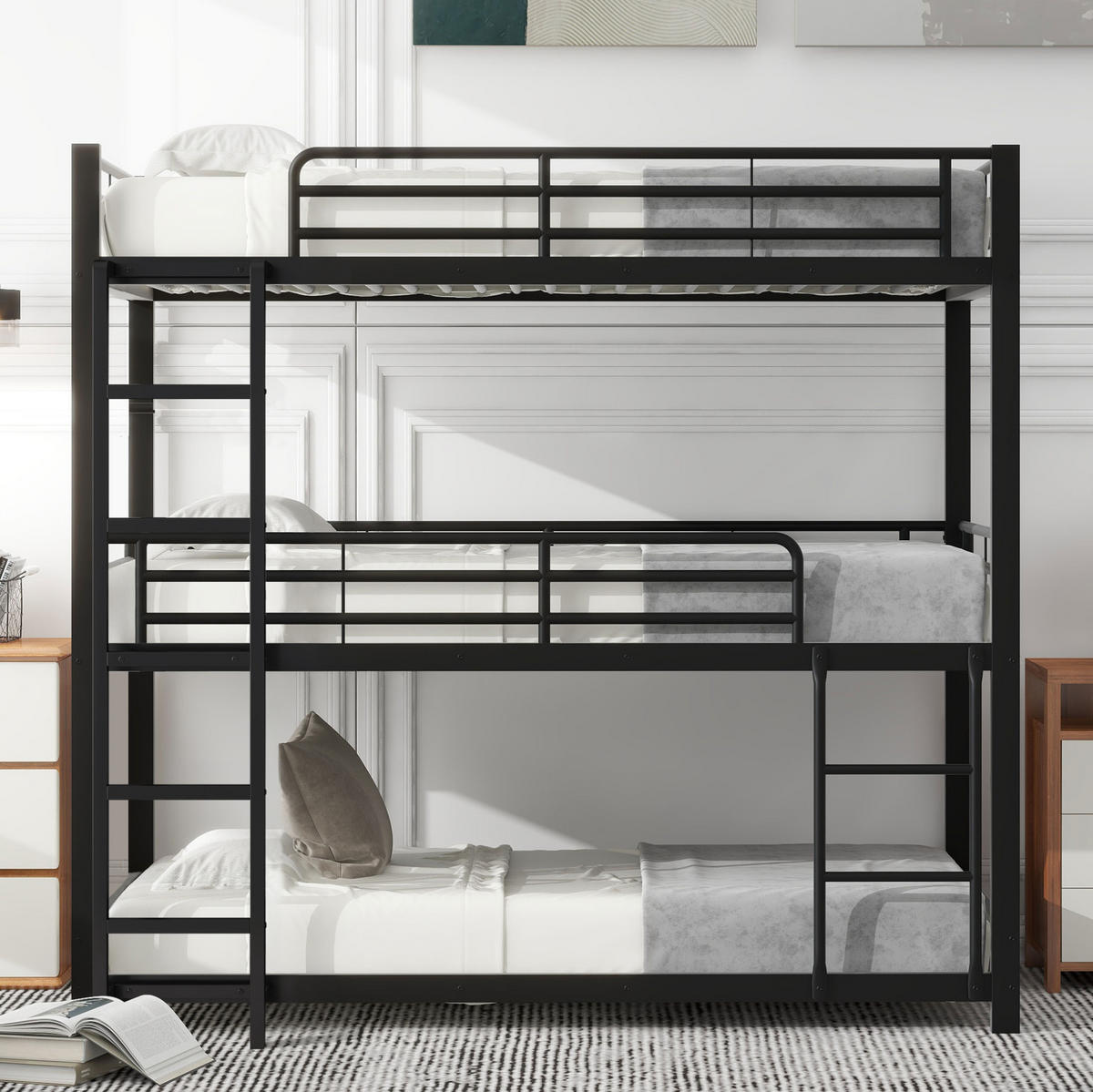 DREIFACH-ETAGENBETT aus Metall 90x200 cm Schwarz mit Sicherheitsgeländern und Leiter - Schwarz, Metall (90/200cm) - Modfu