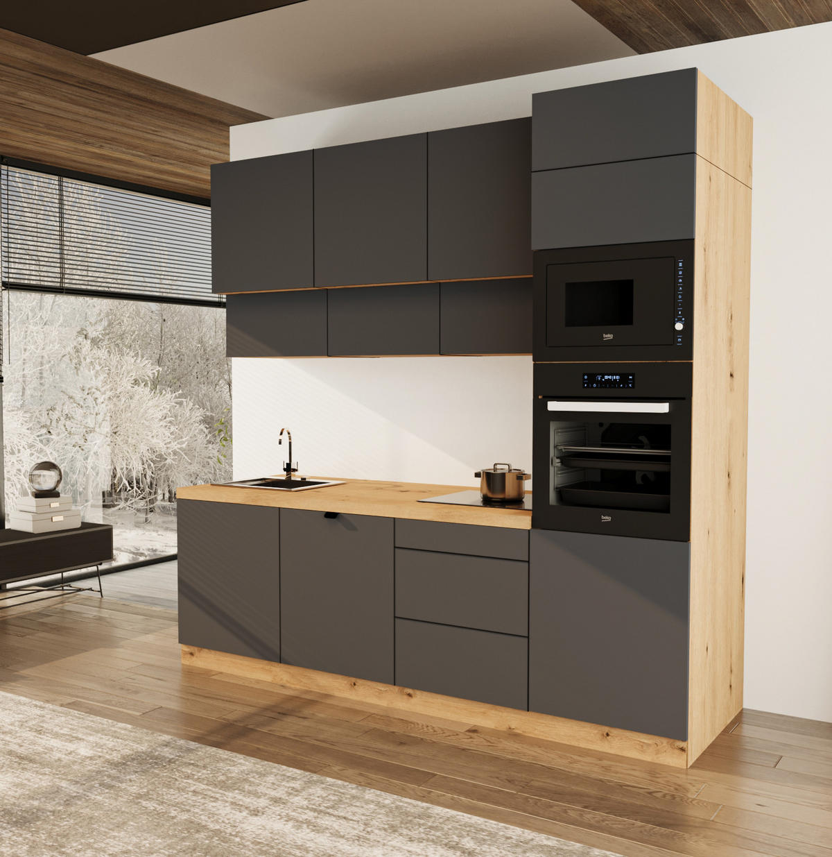 KÜCHENZEILE 240 cm - Langen KL27-M240 - in Grau/Matt - Grau, Holz (240/248/58cm)