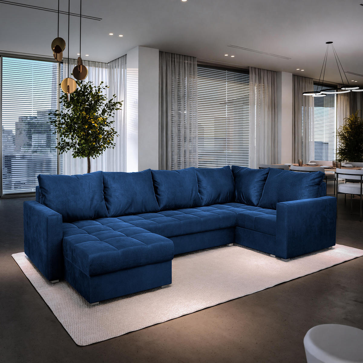 WOHNLANDSCHAFT LORIVO L-S Blau Plüsch-Stoff mit Schlaffunktion - Blau, Holz (285/85/150cm) - MASSENO