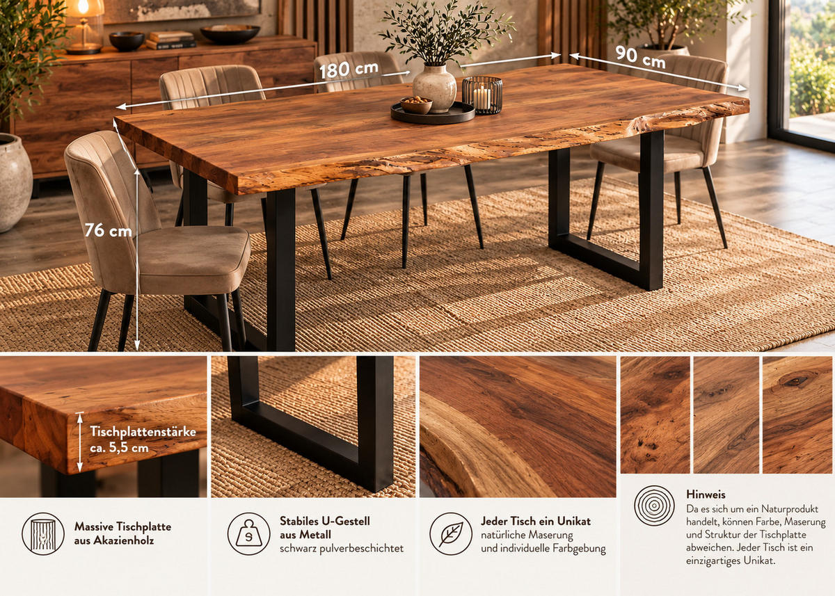 BAUMKANTENTISCH Bellary 180 - Schwarz/Akaziefarben, Holz (90/177/76cm) - Sedex