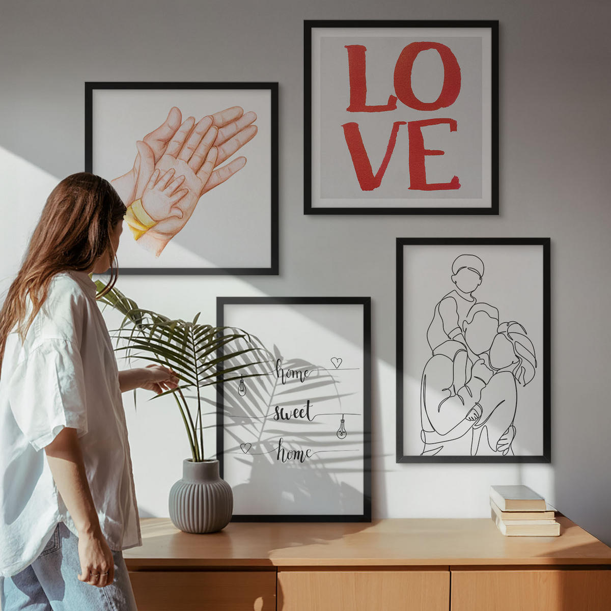 WANDBILDER 4er-Set - 50x50 cm & 40x60 cm Schwarzer Rahmen - Familienillustrationen Hausschilder - Schwarz, Kunststoff (50/50cm) - ArtPrintCave