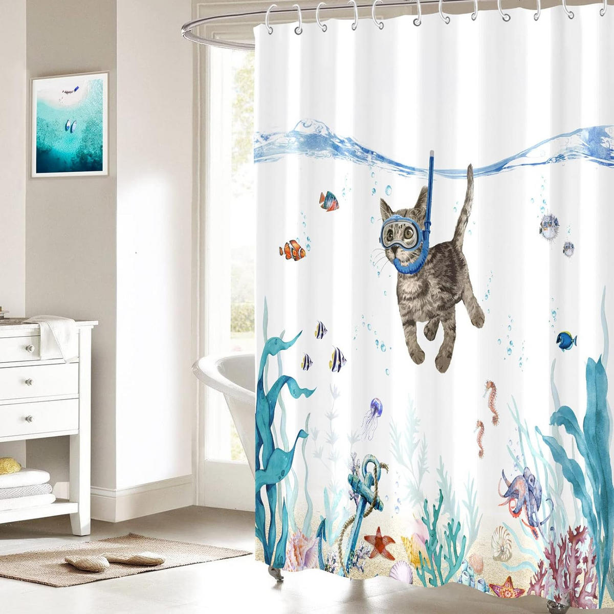 DUSCHVORHANG Blau Petrol Katze Meer Ozean wasserdicht fürs Badezimmer - Multicolor, Textil (180/180cm) - MCBOSON