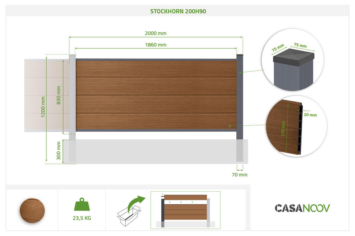 ERWEITERUNGSSET für Verbundzaun 2 m STOCKHORN, H. 90 cm, zum Einbetonieren, Teakholz - Grau, Holzwerkstoff (200/90cm) - Casanoov