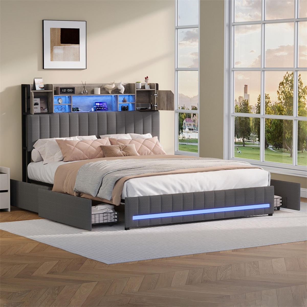 POLSTERBETT 160x200cm - Doppelbett 160x200cm mit Schubladen - RGB-LED-Beleuchtung - ohne Matratze - Grau - Grau, Textil (160/200cm) - DELFA