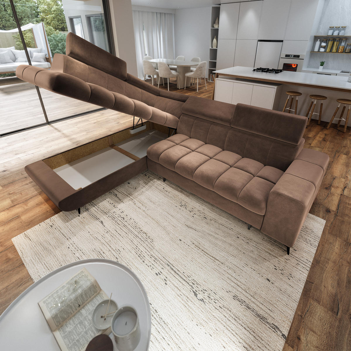 ECKSOFA MORIVA L-S Beige Velours-Stoff mit Schlaffunktion - Beige, Holz (253/190cm) - MASSENO