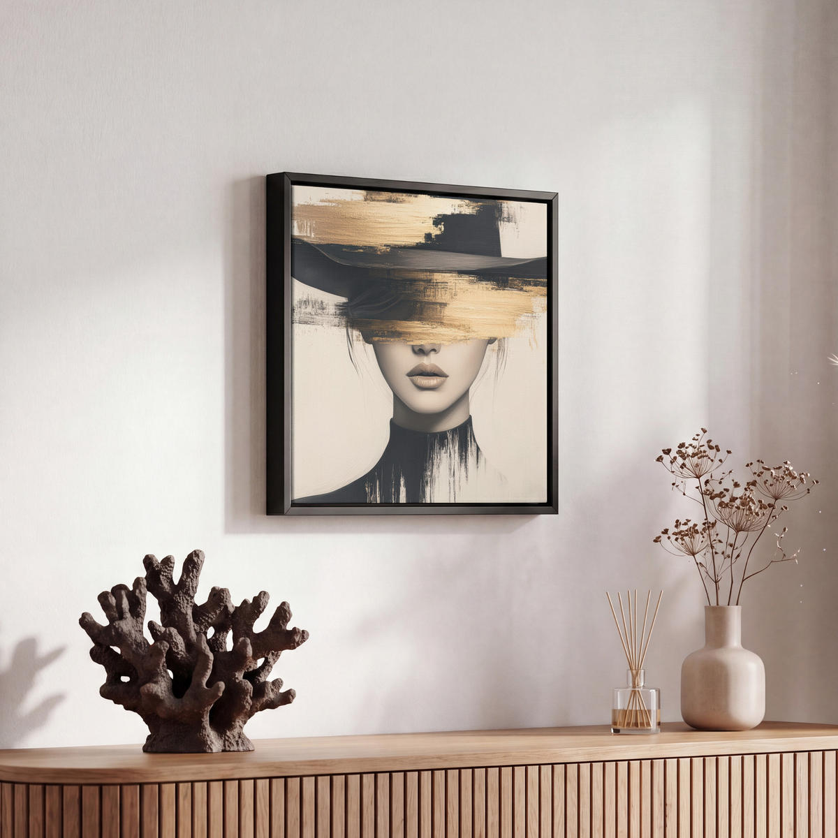 LEINWAND Bilder mit Rahmen - Frau - Hut - Farbe - 20x20 - Goldfarben, Textil (20/20cm) - MuchoWow