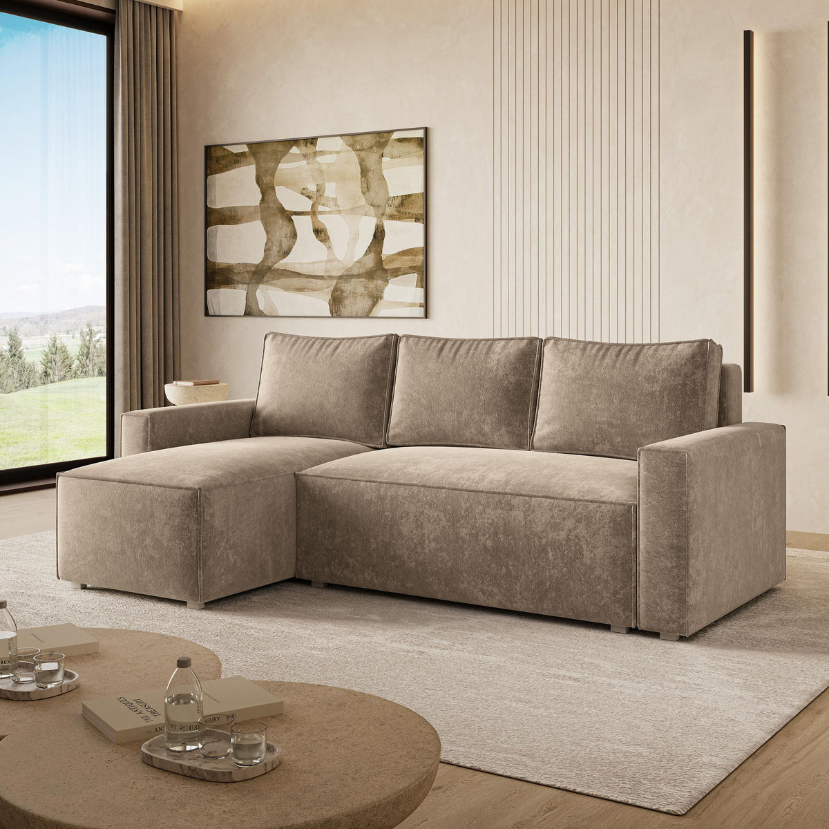 ECKSOFA POTARO LM Beige Chenille mit Schlaffunktion - Beige, Holzwerkstoff/Textil (232/140cm) - MASSENO