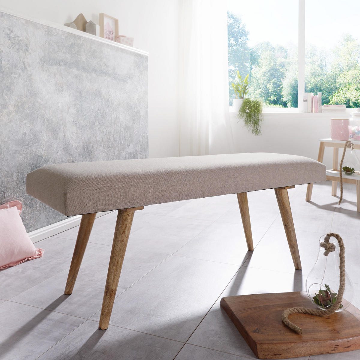 SITZBANK SILE Retro Stil Stoffbezug Massivholz, Beige 117x38x51 cm - Beige/Braun, Mangoholz/Textil (117/51/38cm) - KADIMA DESIGN
