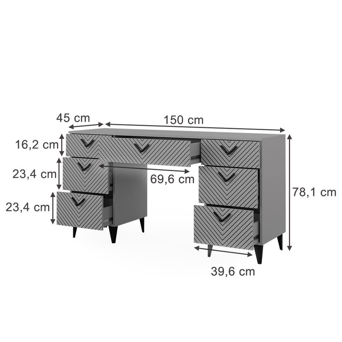 SCHREIBTISCH Anett Grau 150 x 45 cm mit 7 Schubladen - Grau, Holzwerkstoff (45/150/78.1cm) - Vicco