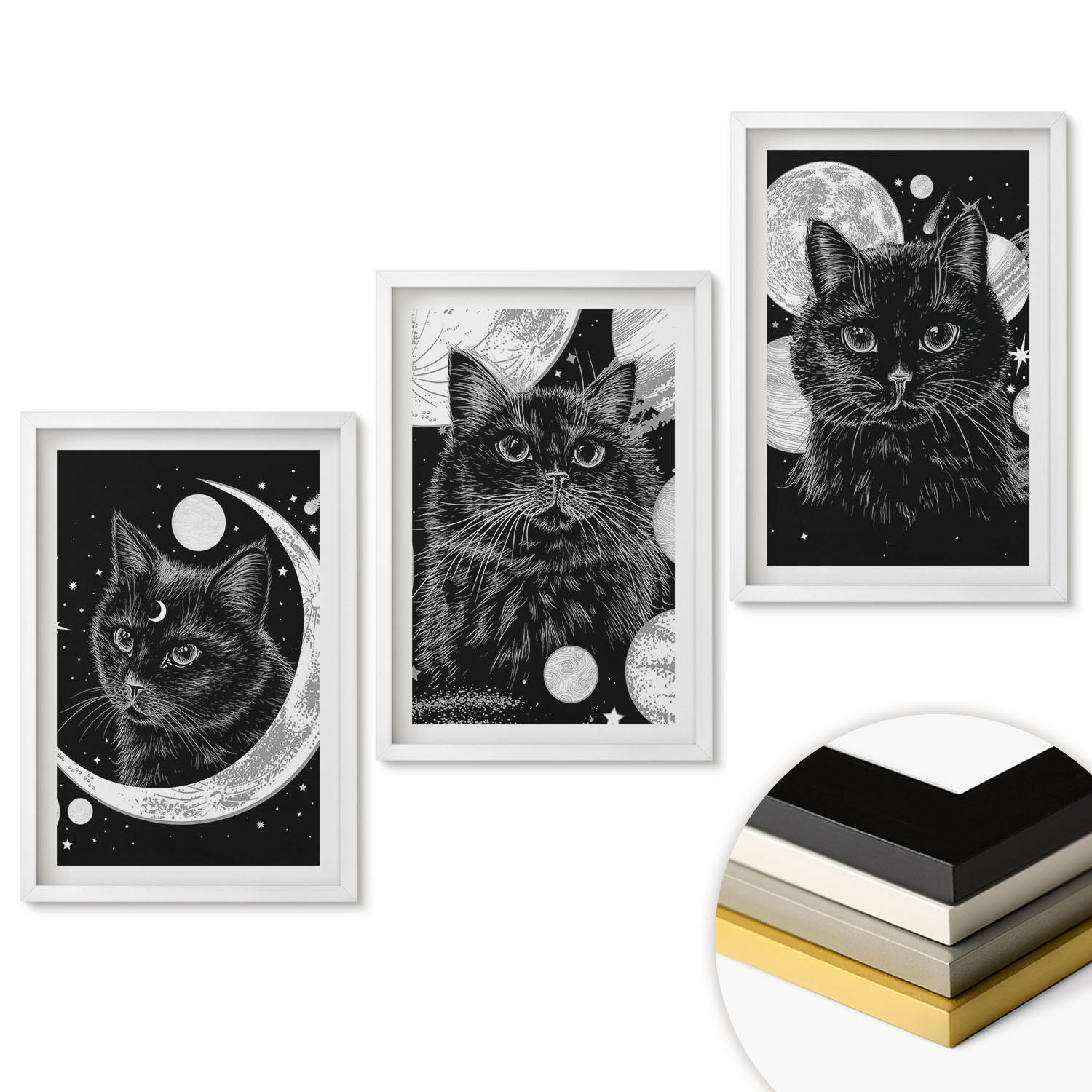 WANDBILDER 3er-Set - 40x60 cm Weißer Rahmen - Schwarze Katzen, Mond, Weltraum - Weiß, Kunststoff (40/60cm) - ArtPrintCave